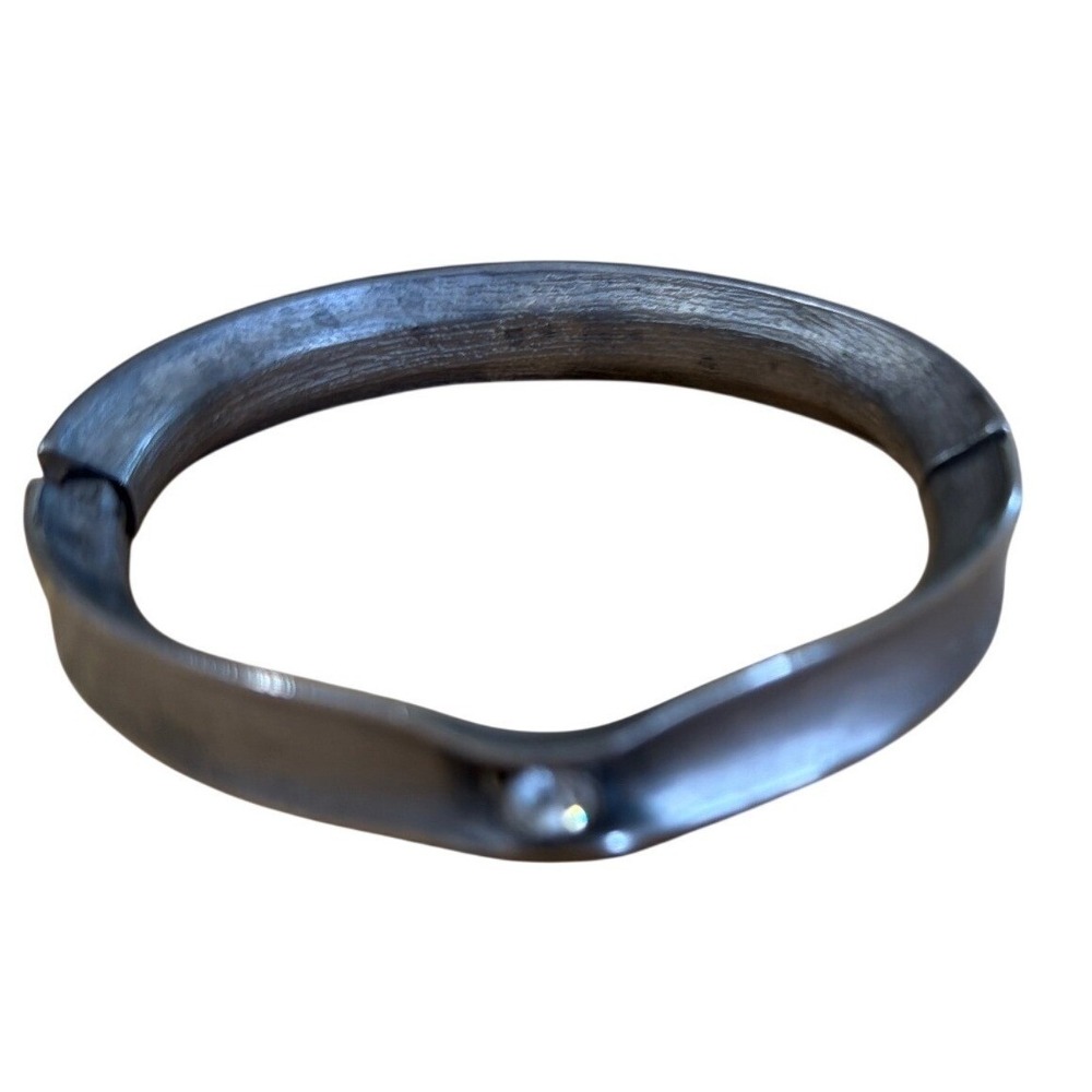 Modernist Silver Tone Hinged Wave Bangle Bracelet Crystal Solitaire Magnetic 663